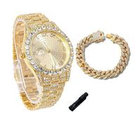 genkigold Orologio con Diamanti per Ragazzi - Quadrante Rotondo 43mm con Numeri Romani - Placcato in Oro 18K Cinturino 20,5cm - Include Strumento di Regolazione, Abbinato a Catena Cubana 18cm
