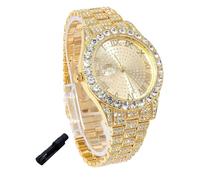 genkigold Orologio con Diamanti per Ragazzi - Quadrante Rotondo 43mm con Numeri Romani - Placcato in Oro 18K Cinturino 20,5cm - Include Strumento di Regolazione