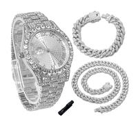 genkigold Orologio con Diamanti per Ragazzi - Quadrante Rotondo 43mm con Numeri Romani - Placcato in Platino Cinturino 20,5cm - Include Strumento di Regolazione, Abbinato a Catene Cubane 18cm+40cm