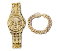 genkigold Orologio con Diamanti per Uomo - Quadrante Ottagonale 38mm con Numeri Romani - Placcato in Oro 18K Cinturino 23cm - Quarzo Giapponese - Gioiello di Lusso - Abbinato a Catena Cubana 20cm