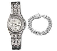 genkigold Orologio con Diamanti per Uomo - Quadrante Ottagonale 38mm con Numeri Romani - Placcato in Platino Cinturino 23cm - Quarzo Giapponese - Gioiello di Lusso - Abbinato a Catena Cubana 20cm