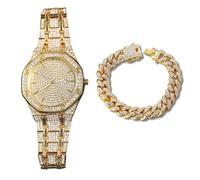 genkigold Orologio con Diamanti per Uomo - Quadrante Ottagonale 41mm con Numeri Romani - Placcato in Oro 18K Cinturino 22cm - Quarzo Giapponese - Gioiello di Lusso - Abbinato a Catena Cubana 20cm