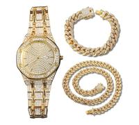 Genkigold Orologio con Diamanti per Uomo - Quadrante Ottagonale 41mm con Numeri Romani - Placcato in Oro 18K Cinturino 22cm - Quarzo Giapponese - Gioiello di Lusso - Abbinato a Catene Cubane 20cm+45cm