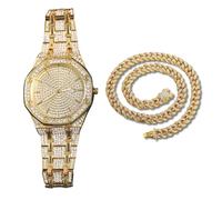 genkigold Orologio con Diamanti per Uomo - Quadrante Ottagonale 41mm con Numeri Romani - Placcato in Oro 18K Cinturino 22cm - Quarzo Giapponese - Gioiello di Lusso - Abbinato a Catena Cubana 45cm