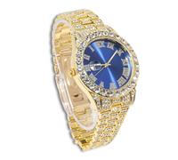 genkigold Orologio con Diamanti per Uomo - Quadrante Rotondo 40mm con Numeri Romani in Blu - Placcato in Oro 18K Cinturino 22cm - Quarzo Giapponese - Gioiello di Lusso
