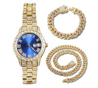 genkigold Orologio con Diamanti per Uomo-Quadrante Rotondo 40mm con Numeri Romani in Blu-Placcato in Oro 18K Cinturino 22cm-Quarzo Giapponese-Gioiello di Lusso-Abbinato a Catene Cubane 20cm+45cm