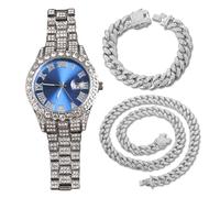 genkigold Orologio con Diamanti per Uomo-Quadrante Rotondo 40mm con Numeri Romani in Blu-Placcato in Platino Cinturino 22cm-Quarzo Giapponese-Gioiello di Lusso-Abbinato a Catene Cubane 20cm+45cm