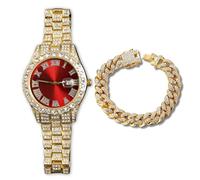 Genkigold Orologio con Diamanti per Uomo - Quadrante Rotondo 40mm con Numeri Romani in Rosso - Placcato in Oro 18K Cinturino 22cm - Quarzo Giapponese - Gioiello di Lusso -Abbinato a Catena Cubana 20cm