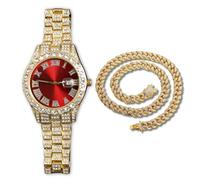 Genkigold Orologio con Diamanti per Uomo - Quadrante Rotondo 40mm con Numeri Romani in Rosso - Placcato in Oro 18K Cinturino 22cm - Quarzo Giapponese - Gioiello di Lusso -Abbinato a Catena Cubana 45cm