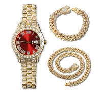 genkigold Orologio con Diamanti per Uomo-Quadrante Rotondo 40mm con Numeri Romani in Rosso-Placcato in Oro 18K Cinturino 22cm-Quarzo Giapponese-Gioiello di Lusso-Abbinato a Catene Cubane 20cm+45cm