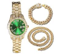 genkigold Orologio con Diamanti per Uomo - Quadrante Rotondo 40mm con Numeri Romani in Verde - Placcato in Oro 18K Cinturino 22cm - Quarzo Giapponese - Abbinato a Catene Cubane 20cm+45cm