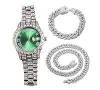 genkigold Orologio con Diamanti per Uomo-Quadrante Rotondo 40mm con Numeri Romani in Verde-Placcato in Platino Cinturino 22cm-Quarzo Giapponese-Gioiello di Lusso-Abbinato a Catene Cubane 20cm+45cm