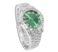 genkigold Orologio con Diamanti per Uomo - Quadrante Rotondo 40mm con Numeri Romani in Verde - Placcato in Platino Cinturino 22cm - Quarzo Giapponese - Gioiello di Lusso