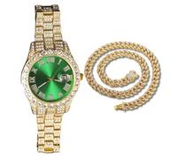 Genkigold Orologio con Diamanti per Uomo - Quadrante Rotondo 40mm con Numeri Romani in Verde - Placcato in Oro 18K Cinturino 22cm - Quarzo Giapponese - Gioiello di Lusso -Abbinato a Catena Cubana 45cm