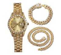 genkigold Orologio con Diamanti per Uomo - Quadrante Rotondo 43mm con Numeri Romani - Placcato in Oro 18K Cinturino 22,5cm - Quarzo Giapponese - Gioiello di Lusso - Abbinato a Catene Cubane 20cm+45cm
