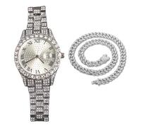 genkigold Orologio con Diamanti per Uomo - Quadrante Rotondo 43mm con Numeri Romani - Placcato in Platino Cinturino 22,5cm - Quarzo Giapponese - Gioiello di Lusso - Abbinato a Catena Cubana 45cm