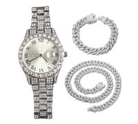 genkigold Orologio con Diamanti per Uomo - Quadrante Rotondo 43mm con Numeri Romani - Placcato in Platino Cinturino 22,5cm - Quarzo Giapponese - Gioiello di Lusso - Abbinato a Catene Cubane 20cm+45cm