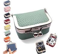 Genuine Leather Mini Jewelry Box, Portable Vintage Coin Purse Jewelry Box with Kiss Lock, Mini Travel Ring Organizer for Women, Small Exquisite for Earring, Ring, Necklace, Bracelet (Green)