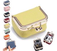 Genuine Leather Mini Jewelry Box, Portable Vintage Coin Purse Jewelry Box with Kiss Lock, Mini Travel Ring Organizer for Women, Small Exquisite for Earring, Ring, Necklace, Bracelet (Yellow)