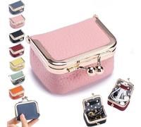 Genuine Leather Mini Jewelry Box, Portable Vintage Coin Purse Jewelry Box with Kiss Lock, Mini Travel Ring Organizer for Women, Small Exquisite for Earring, Ring, Necklace, Bracelet (Pink)