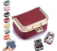 Genuine Leather Mini Jewelry Box, Portable Vintage Coin Purse Jewelry Box with Kiss Lock, Mini Travel Ring Organizer for Women, Small Exquisite for Earring, Ring, Necklace, Bracelet (Red)
