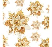 Geosar 24 Pezzi di Fiori Artificiali di Stella di Natale Glitterati Poinsettia di Natale con Clip per Addobbi di Regali e Alberi di Natale, 6 Pollici, 4 Pollici, 3 Pollici (Oro)