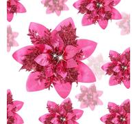 Geosar 24 Pezzi di Fiori Artificiali di Stella di Natale Glitterati Poinsettia di Natale con Clip per Addobbi di Regali e Alberi di Natale, 6 Pollici, 4 Pollici, 3 Pollici (Fucsia)