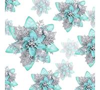 Geosar 24 Pezzi di Fiori Artificiali di Stella di Natale Glitterati Poinsettia di Natale con Clip per Addobbi di Regali e Alberi di Natale, 6 Pollici, 4 Pollici, 3 Pollici (Argento e Verde)