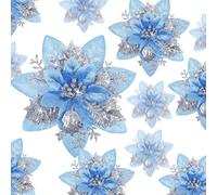 Geosar 24 Pezzi di Fiori Artificiali di Stella di Natale Glitterati Poinsettia di Natale con Clip per Addobbi di Regali e Alberi di Natale, 6 Pollici, 4 Pollici, 3 Pollici (Argento e Blu)