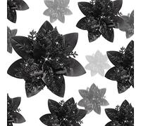 Geosar 24 stelle di Natale artificiali glitterate, fiori di stella di Natale artificiali, decorazioni per albero di Natale, ornamenti con clip per bomboniere, 15,2 cm, 10,2 cm, 7,6 cm (nero)