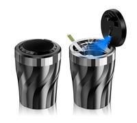 GeoYien Posacenere per auto, 2 posacenere con coperchio, a prova di odore, con luce LED, ignifugo, resistente alle alte temperature, staccabile, stile moderno, bianco e nero