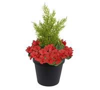 Gerani Artificiali Rossi in Finta Seta con Arte topiaria di cedro in Vaso Nero, fioriera da patio, Ideale per casa, patio, Giardino, Vita all'aperto, 58 cm