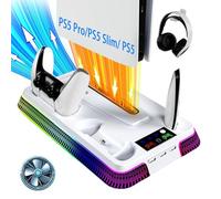 Gerbala Supporto PS5 per PlayStation 5 Pro, Slim e Standard, 3 in 1 Supporto Verticale con Ricarica Controller e Ventola di Raffreddamento, Raffreddatore PS5 con RGB, Porta-cuffie e 3 Porte USB