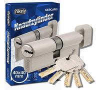 GERCAR Cilindro a pomolo Pro 80 mm 40/40 massiccio con pomello serratura a cilindro - in ottone opaco nichelato - con 5 chiavi - chiave reversibile - A:40 B: 40 - Set da 1