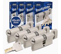 GERCAR Pro - Cilindro con pomello, 45/45, con chiave unica, in ottone nichelato opaco, incluse 10 chiavi reversibili, lunghezza: 90 mm, A:45 B:45, set da 4 pezzi