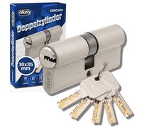 GERCAR Pro cilindro profilato 30/35 cilindro di chiusura massiccio cilindro doppio cilindro per serratura per porta - in ottone nichelato - incluso 5 chiavi - chiave reversibile - lunghezza: 65 mm, A