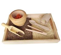 GERILEO Set di accessori da cucina in legno - Travaso Montessori - Set di accessori da cucina - Vassoio con pinze, cucchiai, secchiletti, pestello, paletta in legno (6 pezzi)