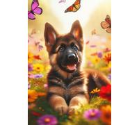 German Shepherd Puppy in a field of colorful flowers Notebook - Large 6 x 9 inches - 127 Pages