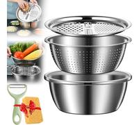 Germany Multifunctional Stainless Steel Basin, 3 in 1 Stainless Steel Shredding & Drainage Chopping Basin with Grater and Drain Basket for Rice Rinsers and Vegetables Fruits Graters (S-24cm/9.45in)