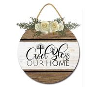 Geroclonup Cartello con scritta "God Bless This Home" per porta d'ingresso, rustico, rotondo, in legno, da appendere, decorazione da parete per la casa