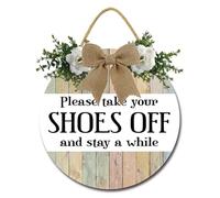 Geroclonup Cartello con scritta "Please Take Your Shoes Off And Stay a Where" per la porta d'ingresso, 28 cm, divertente ghirlanda di benvenuto, rotonda, in legno, da appendere con scarpe e senza