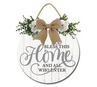 Geroclonup Cartello di benvenuto per porta d'ingresso God Bless This Home and All Who Enter Sign con ghirlande, 30 cm, rotondo, in legno, decorazione da appendere alla parete, per la casa e il portico