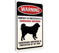 Geroclonup Divertente cartello in metallo con scritta in lingua inglese "Property is Protected By a Caucasian Shepherd", per la decorazione della casa, regali per interni ed esterni, cartello in