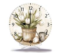 Geroclonup Home Decor Orologio da parete a secchiello con tulipani bianchi Hello Spring 25,4 cm, rotondo, funzionamento a batteria, silenzioso, shabby chic, decorazione da parete per soggiorno,