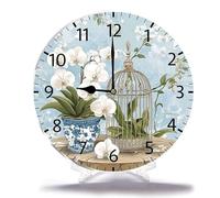 Geroclonup Home Decor Orologio da parete a secchiello con tulipani bianchi Hello Spring 25 cm Orologio da parete rotondo a batteria silenzioso shabby chic decorazione da parete per soggiorno cucina