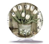 Geroclonup Home Decor Orologio da parete a secchiello con tulipani bianchi Hello Spring 25 cm Orologio da parete rotondo a batteria silenzioso shabby chic decorazione da parete per soggiorno cucina