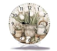 Geroclonup Home Decor Orologio da parete a secchiello con tulipani bianchi Hello Spring 25 cm Orologio da parete rotondo a batteria silenzioso shabby chic decorazione da parete per soggiorno cucina