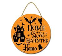 Geroclonup Home Sweet Haunted Home Cartello per porta d'ingresso, 28 cm, in legno, da appendere, per Halloween, per porta d'ingresso, per feste, interni ed esterni, portico, decorazione da parete