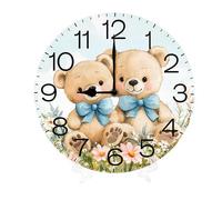Geroclonup Orologio in legno con orsetto sui fiori, funzionamento a batteria, silenzioso, al quarzo, con lettere dell'alfabeto, stile shabby chic, per soggiorno, ufficio, casa, cucina, bagno, 25 cm