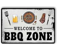 Geroclonup Targa in latta con scritta in inglese "BBQ Zone" in stile vintage, per grigliare e decorare barbecue all'aperto, cartello in latta con scritta "Welcome to BBQ Zone", cartello in metallo per